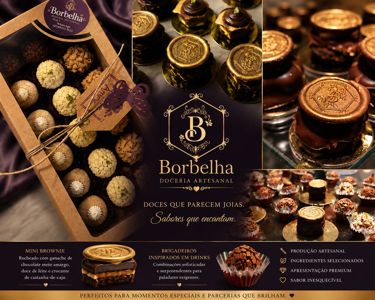 Doces finos da Borbelha — caixa de brigadeiros gourmet, mini brownies com selo dourado e brigadeiros inspirados em drinks